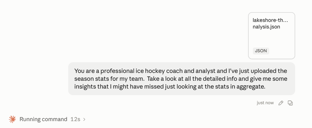 The exported JSON file attached to an AI chat with a question about season insights.