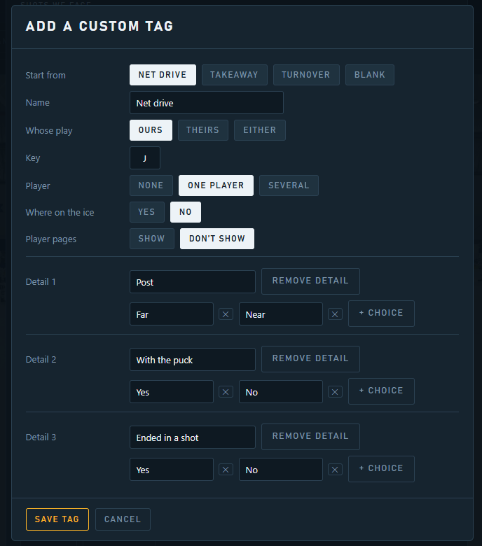 The Add a custom tag window: a net drive tag with its key, whose play it is, and three details of the coach's own with their choices.