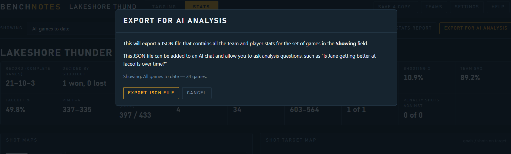 The Export for AI analysis dialog, showing it will export all games currently in view.