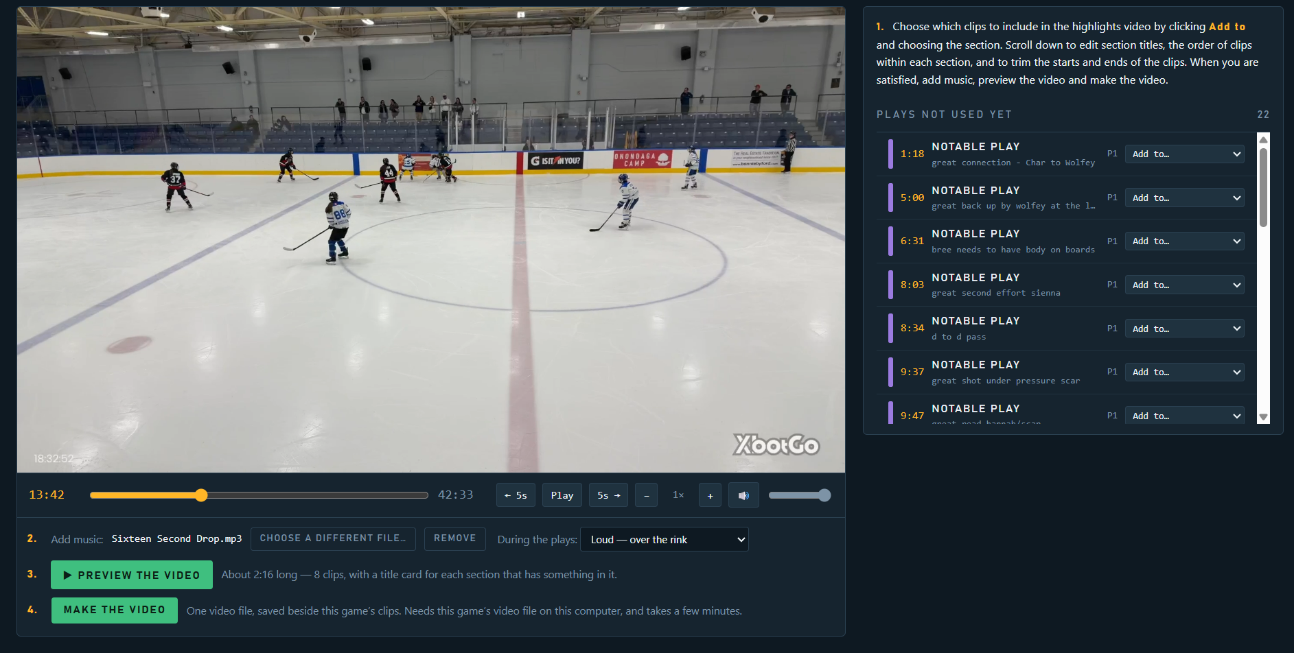 The highlights video screen: the game video on the left, the list of tagged plays waiting to be added to sections on the right, and the music, preview and make buttons underneath.